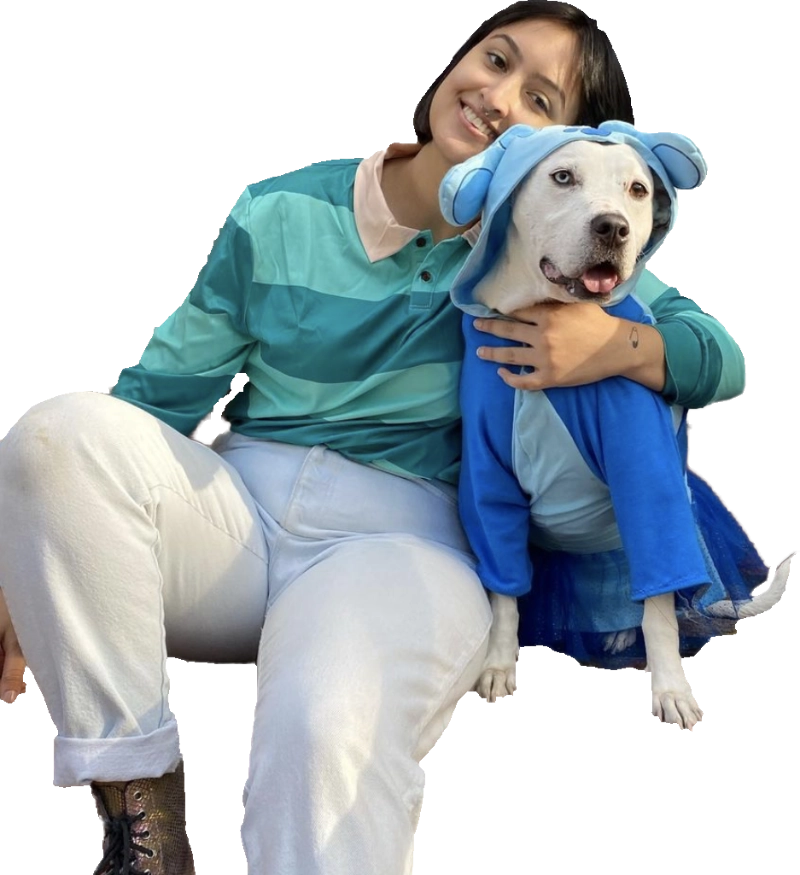 A photo of Zoe and Koda with a transparent background. Zoe is dressed as Steve from Blue's Clues, and Koda is dressed as Blue.